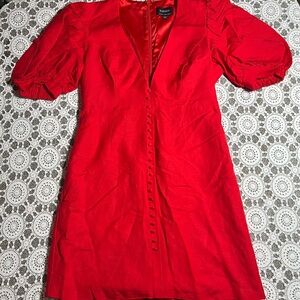 Bardot Red Mini Dress with Button Detail